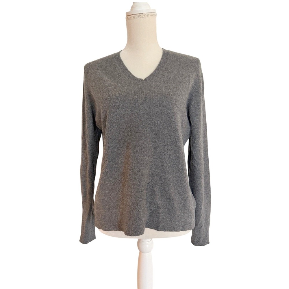 VTG Valerie Stevens Gray 100% Cashmere V-Neck Knit Pullover Sweater L Classic